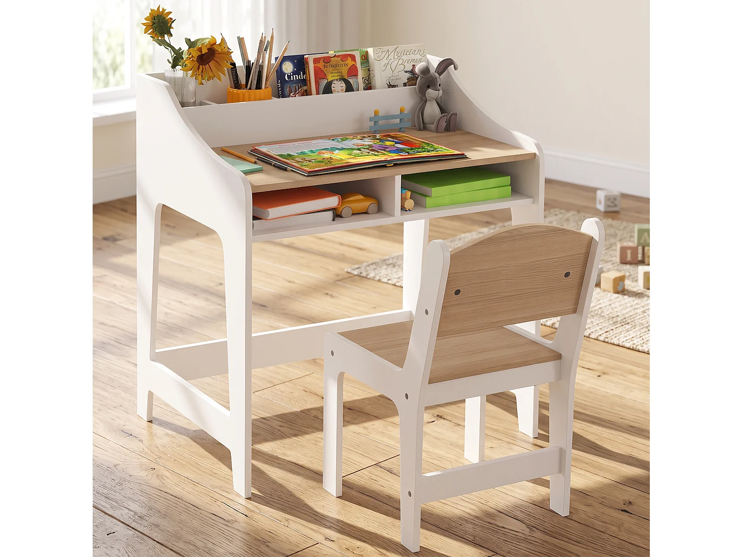Ensemble bureau et chaise enfant 3-8 ans - 5 compartiments de rangement - blanc effet bois naturel