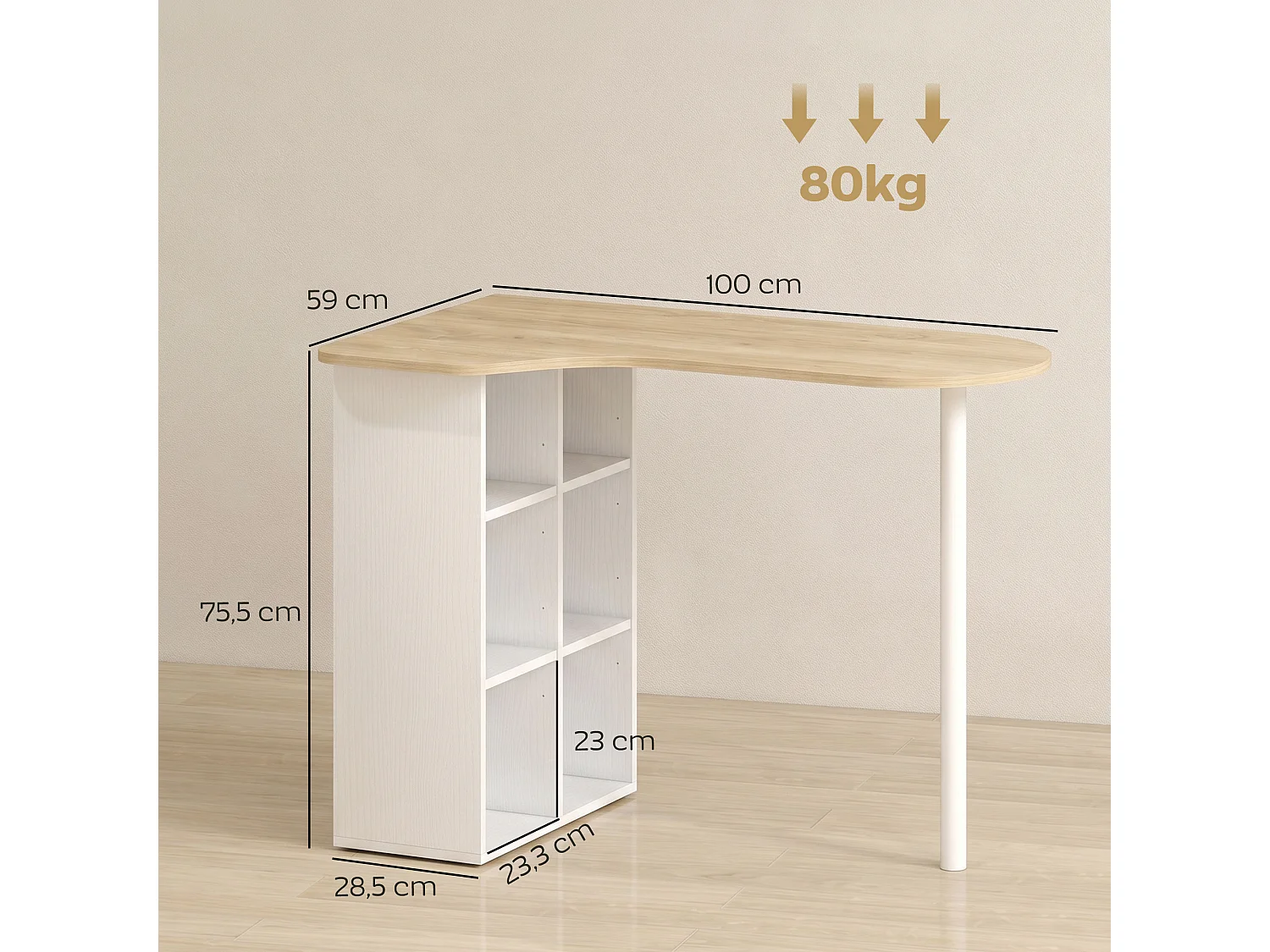 Bureau design - bureau forme organique compacte dim. 100 x 59 cm - 6 niches - acier MDF naturel blanc