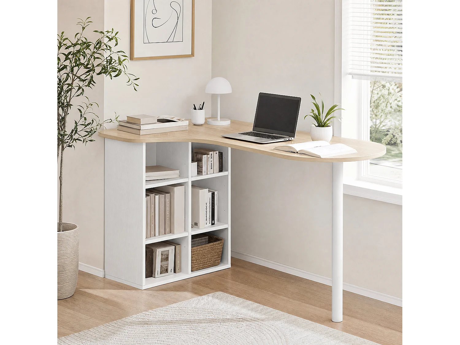 Bureau design - bureau forme organique compacte dim. 100 x 59 cm - 6 niches - acier MDF naturel blanc