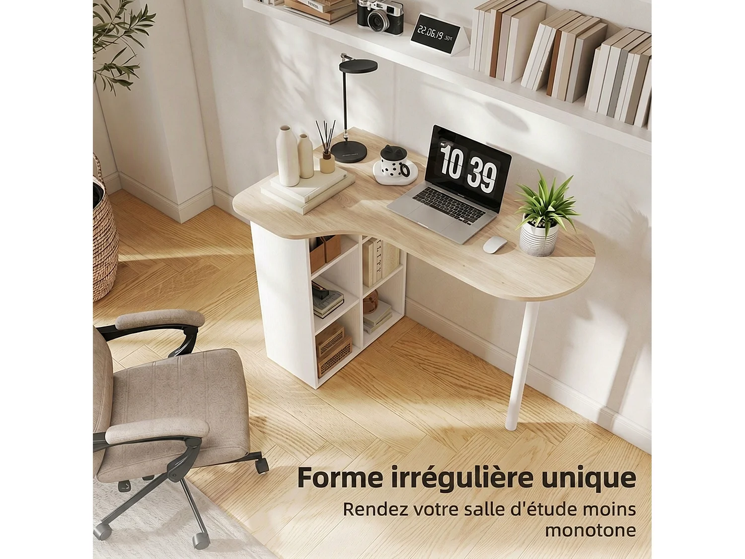 Bureau design - bureau forme organique compacte dim. 100 x 59 cm - 6 niches - acier MDF naturel blanc
