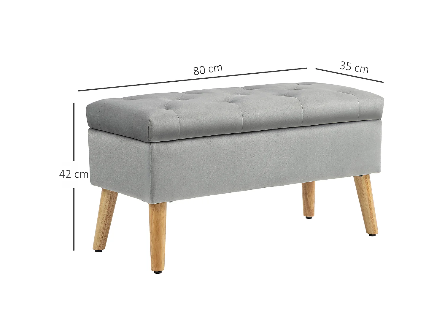 Banquette coffre design scandinave piètement effilé bois assise effet capitonné velours gris