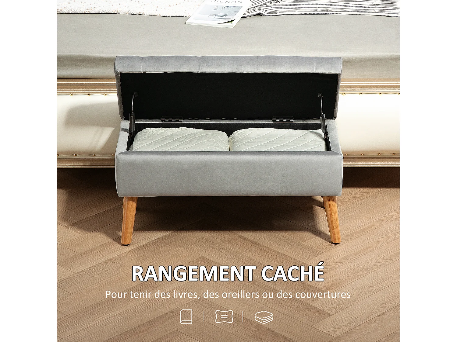 Banquette coffre design scandinave piètement effilé bois assise effet capitonné velours gris