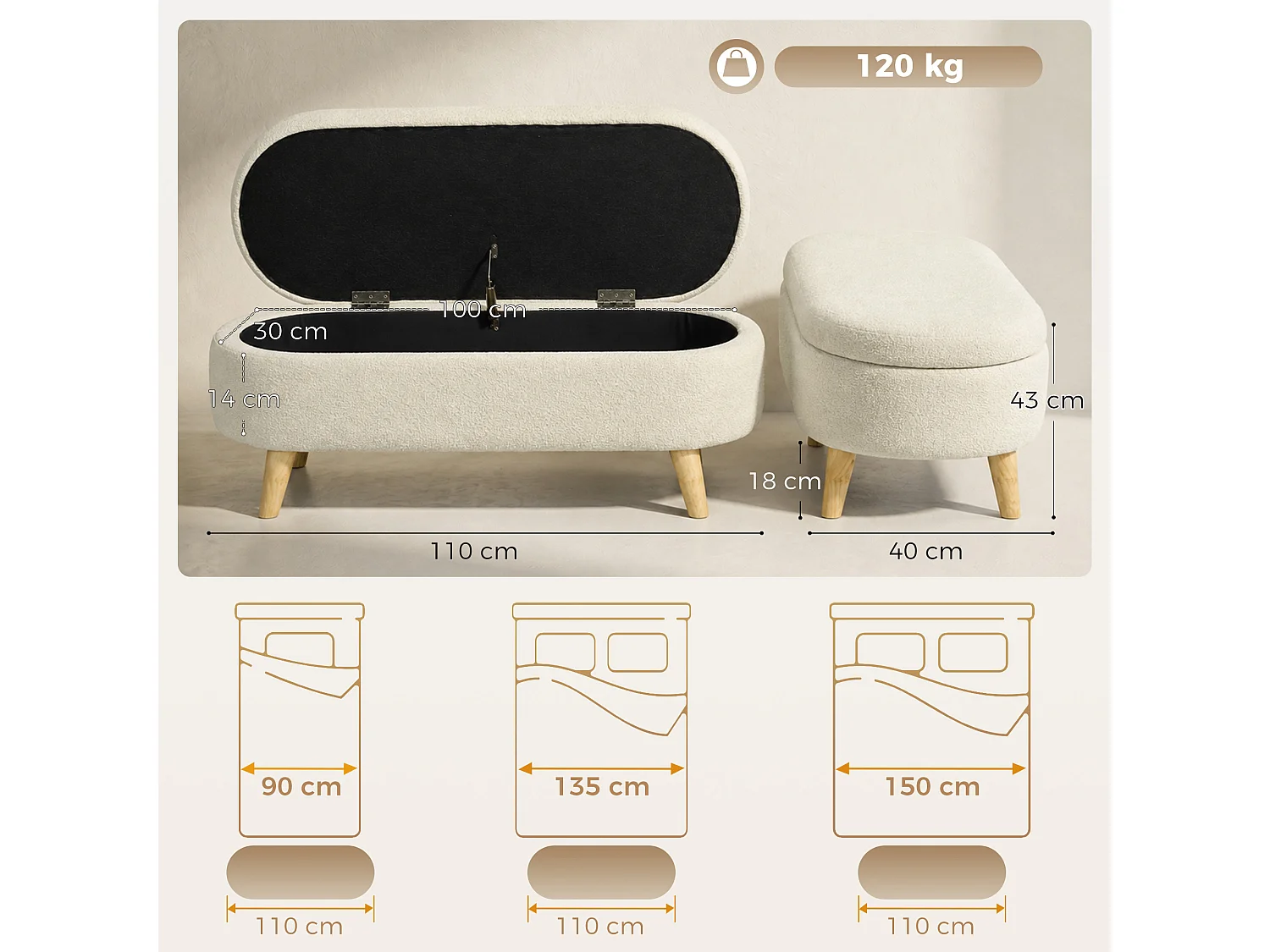 Banquette coffre de rangement 2 en 1 design scandinave piètement bois velours crème