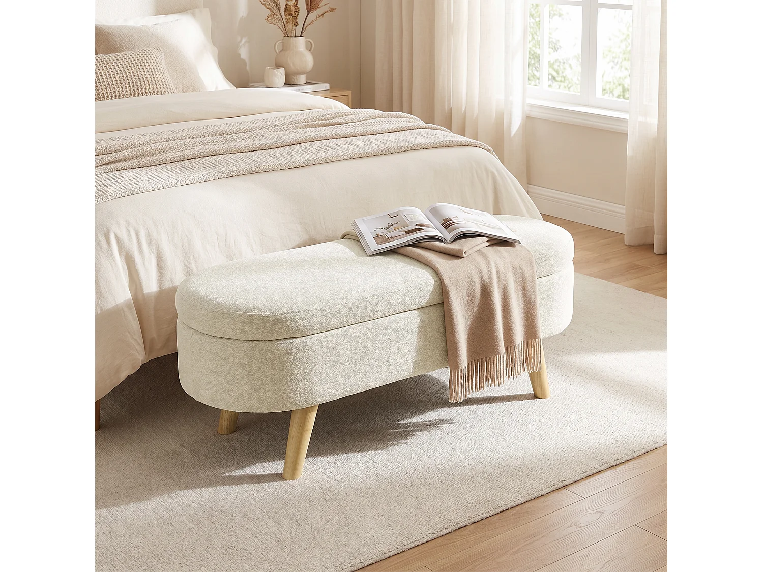 Banquette coffre de rangement 2 en 1 design scandinave piètement bois velours crème