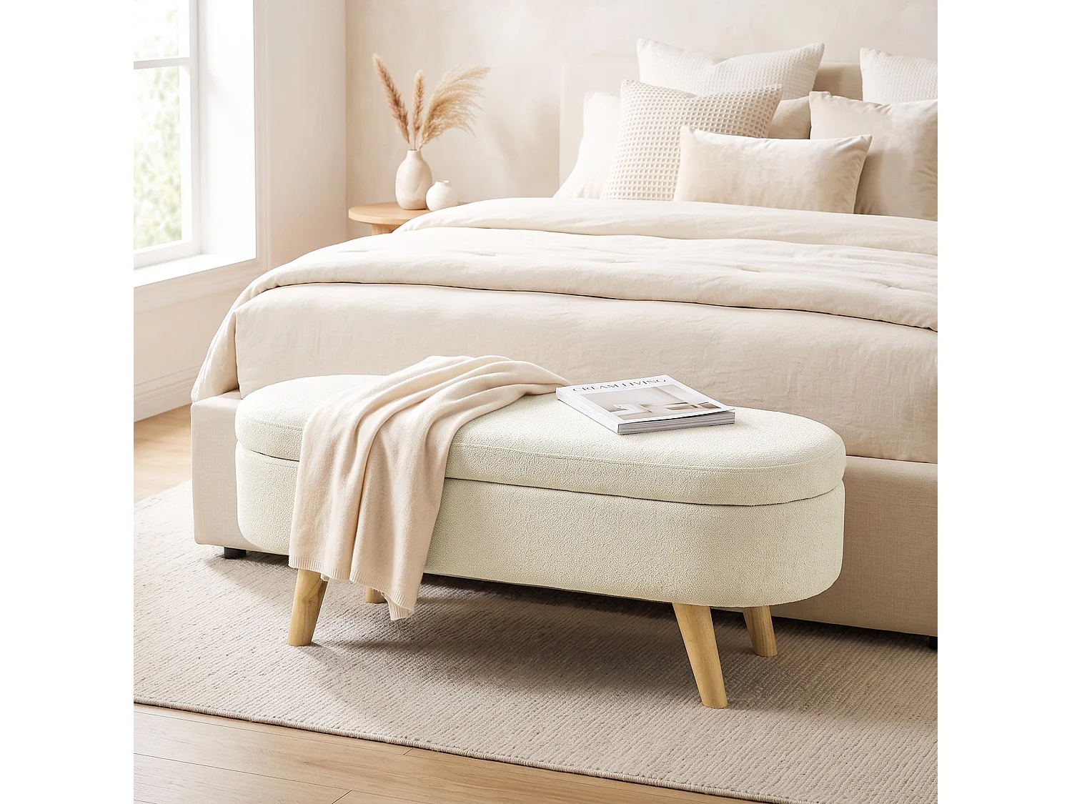 Banquette coffre de rangement 2 en 1 design scandinave piètement bois velours crème