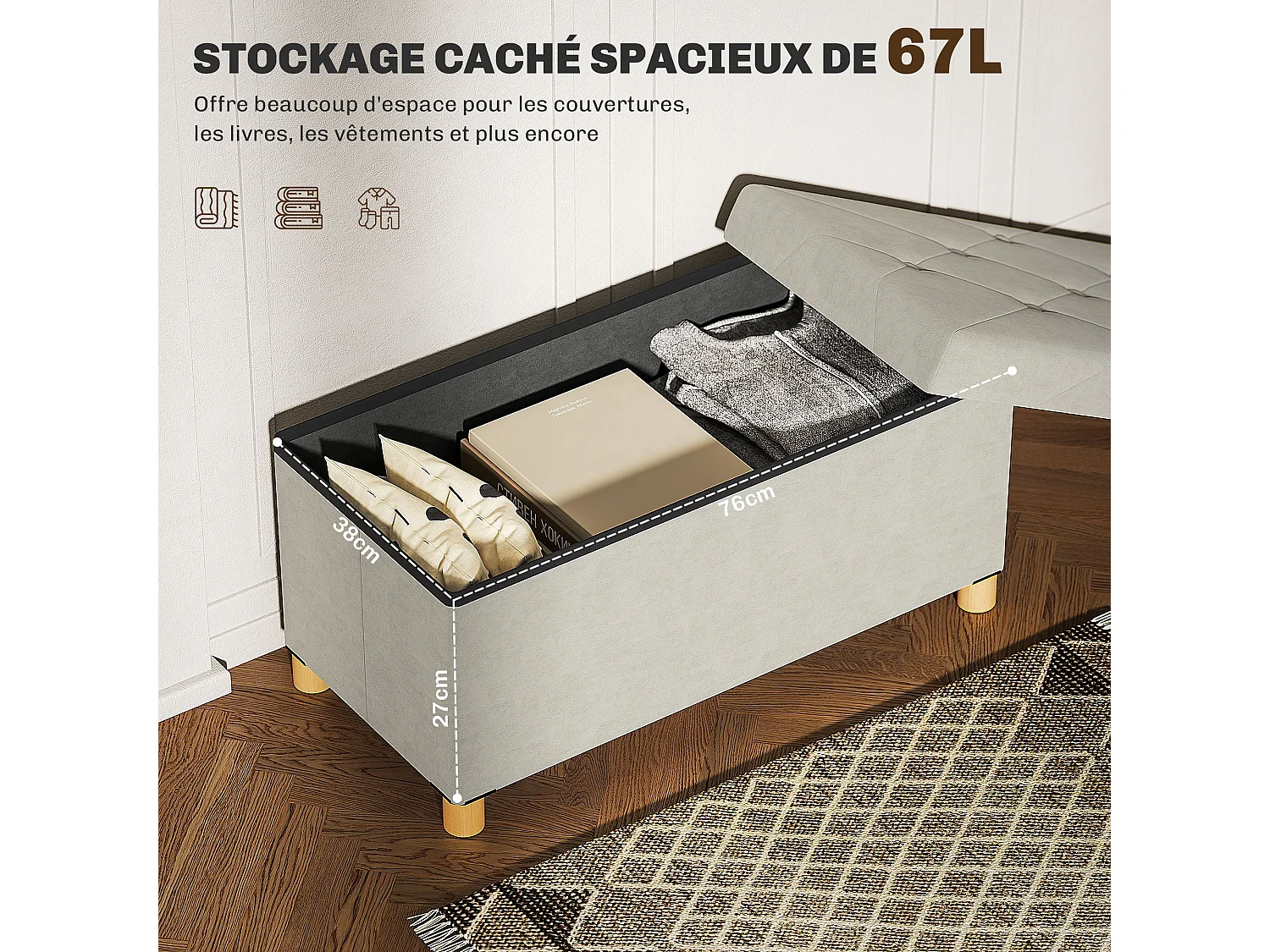 Banc coffre style Chesterfield effet capitonné dim. 76L x 38l x 38H cm piètement bois velours vieux rose
