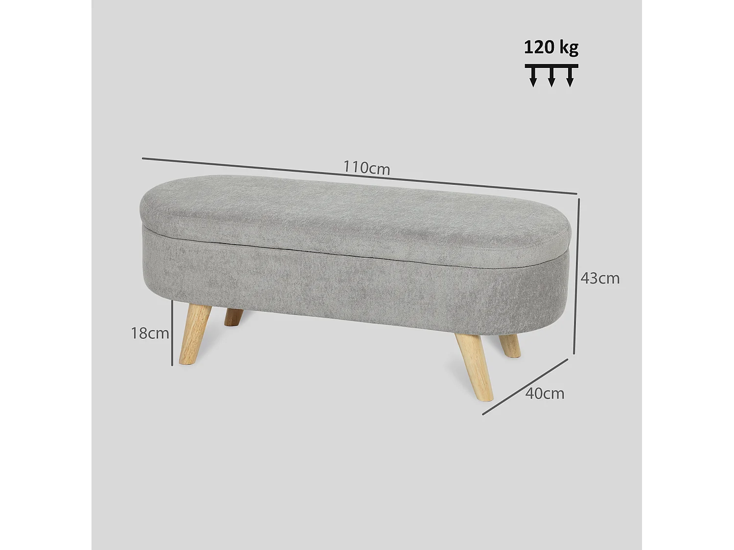 Banquette coffre de rangement 2 en 1 design scandinave 110L x 40l x 43H cm cm piètement bois velours gris