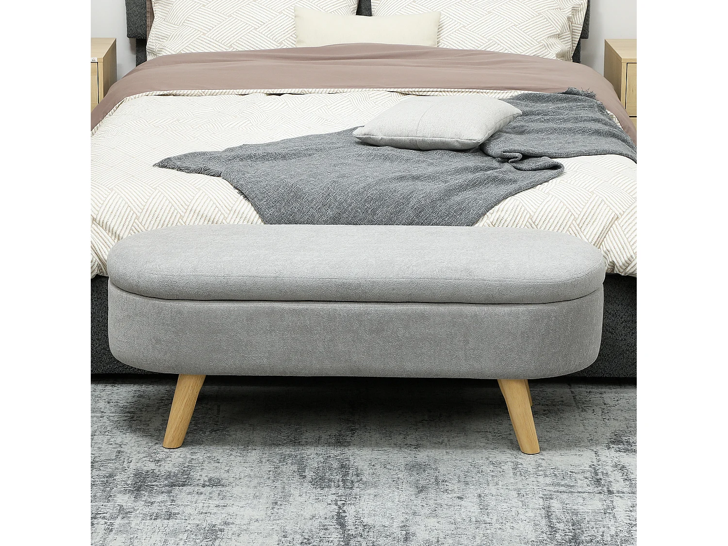 Banquette coffre de rangement 2 en 1 design scandinave 110L x 40l x 43H cm cm piètement bois velours gris