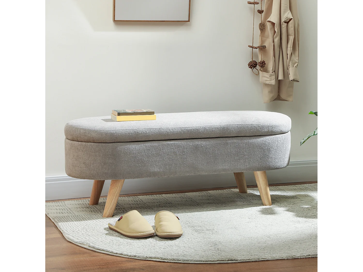 Banquette coffre de rangement 2 en 1 design scandinave 110L x 40l x 43H cm cm piètement bois velours gris