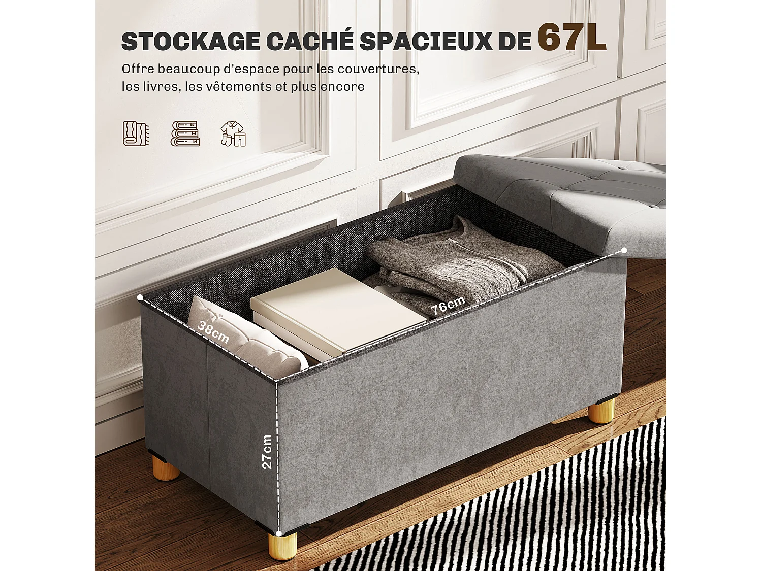 Banc coffre style Chesterfield effet capitonné dim. 76L x 38l x 38H cm piètement bois velours vieux rose