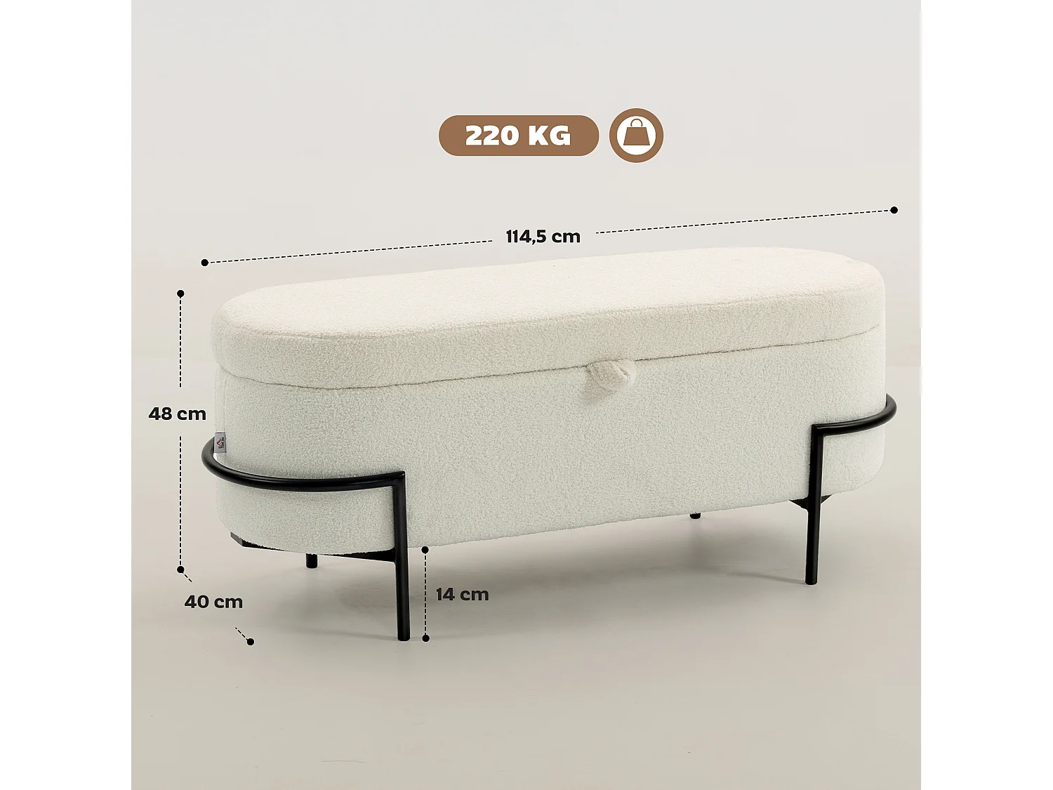 Banquette coffre de rangement design bouclette acier tubulaire noir