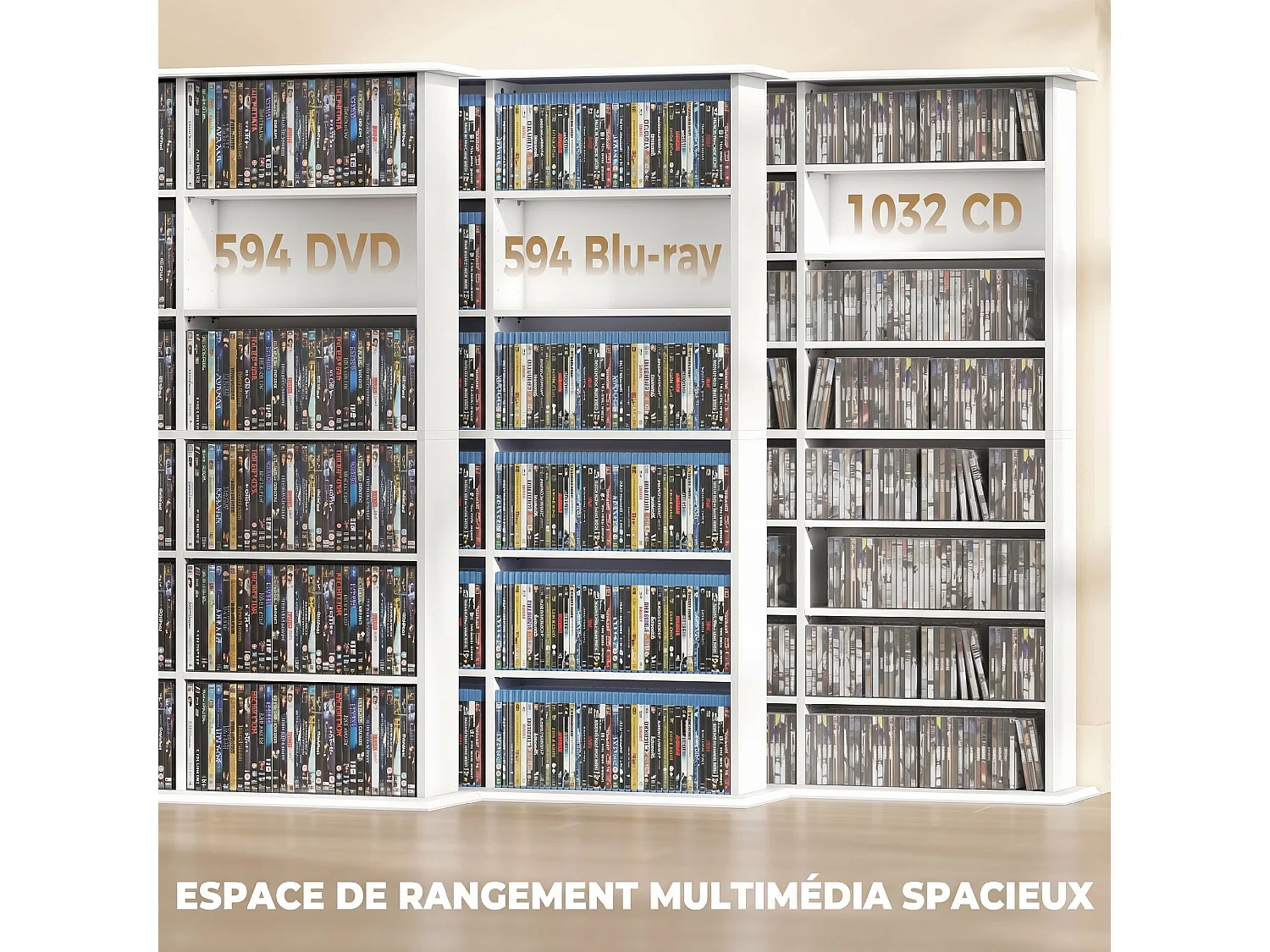 Rangement CD et DVD 24 compartiments 18 étagères réglables blanc