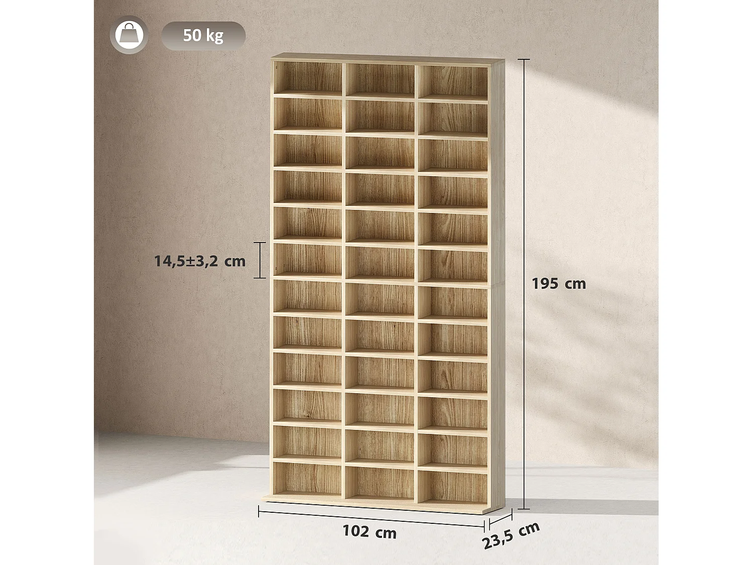 Étagère rangement CD/DVD meuble de rangement pour 1116 CDs 33 compartiments réglables en hauteur 102 x 24 x 195 cm effet bois clair