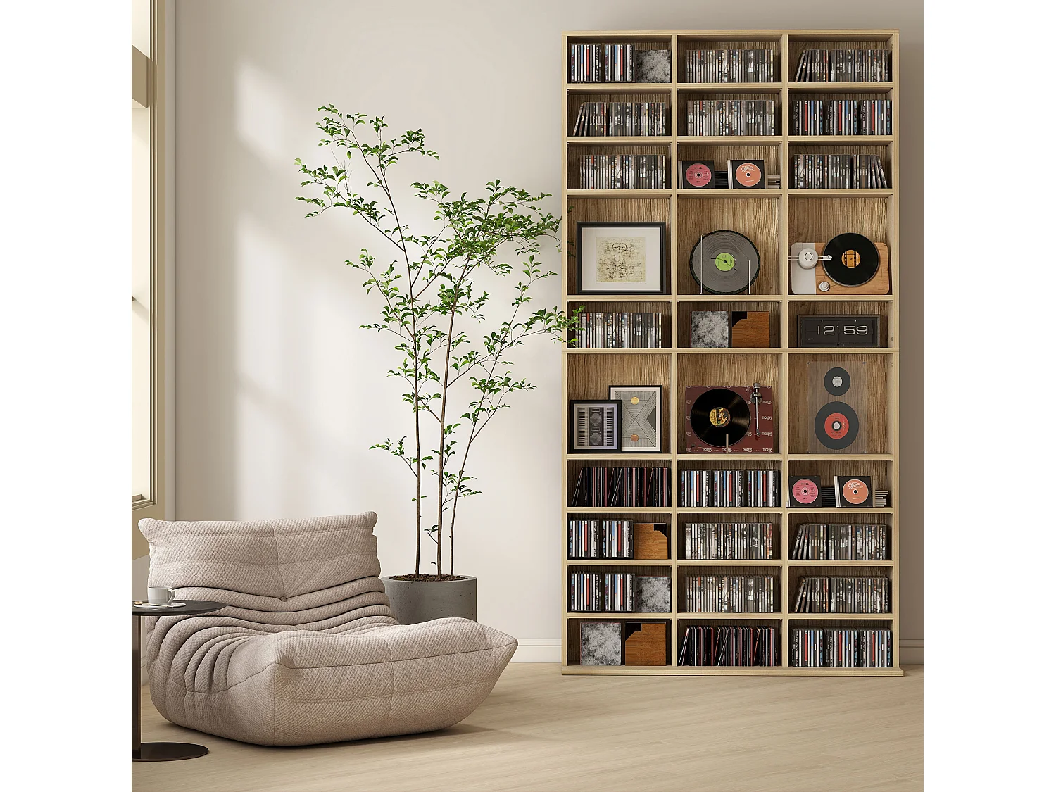 Étagère rangement CD/DVD meuble de rangement pour 1116 CDs 33 compartiments réglables en hauteur 102 x 24 x 195 cm effet bois clair