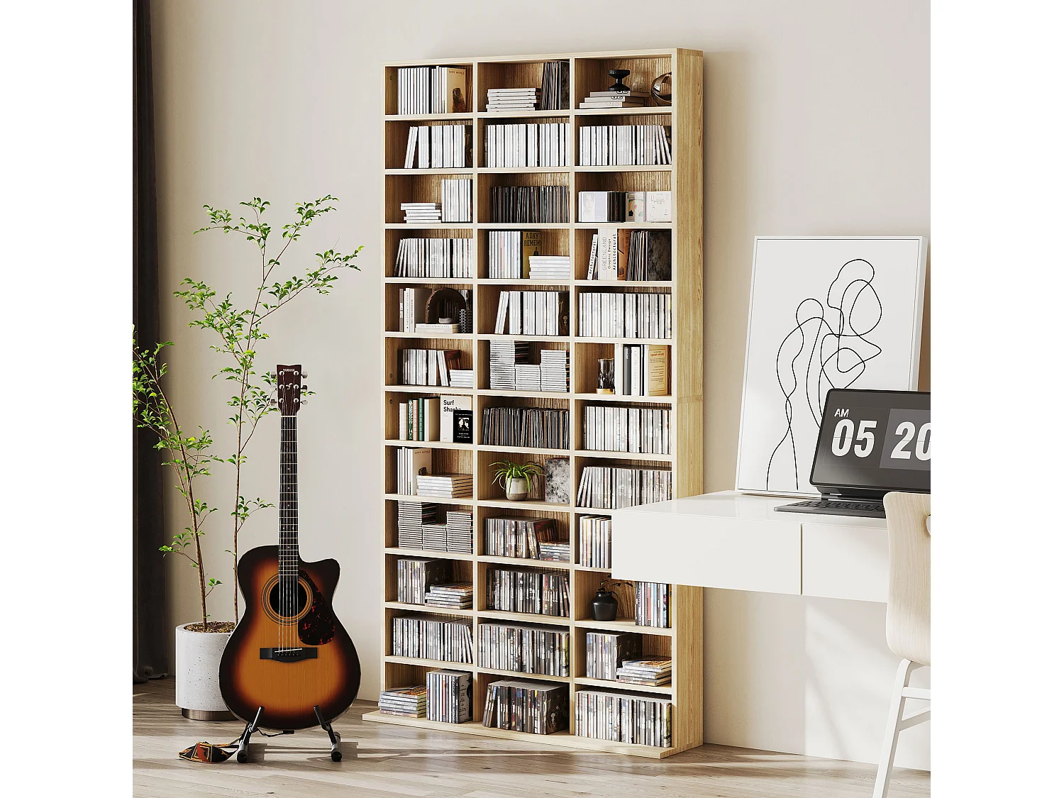 Étagère rangement CD/DVD meuble de rangement pour 1116 CDs 33 compartiments réglables en hauteur 102 x 24 x 195 cm effet bois clair