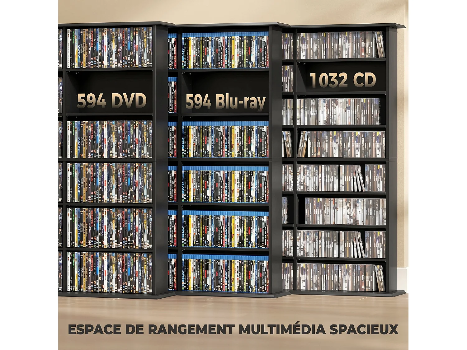 Rangement CD et DVD 24 compartiments 18 étagères réglables noir