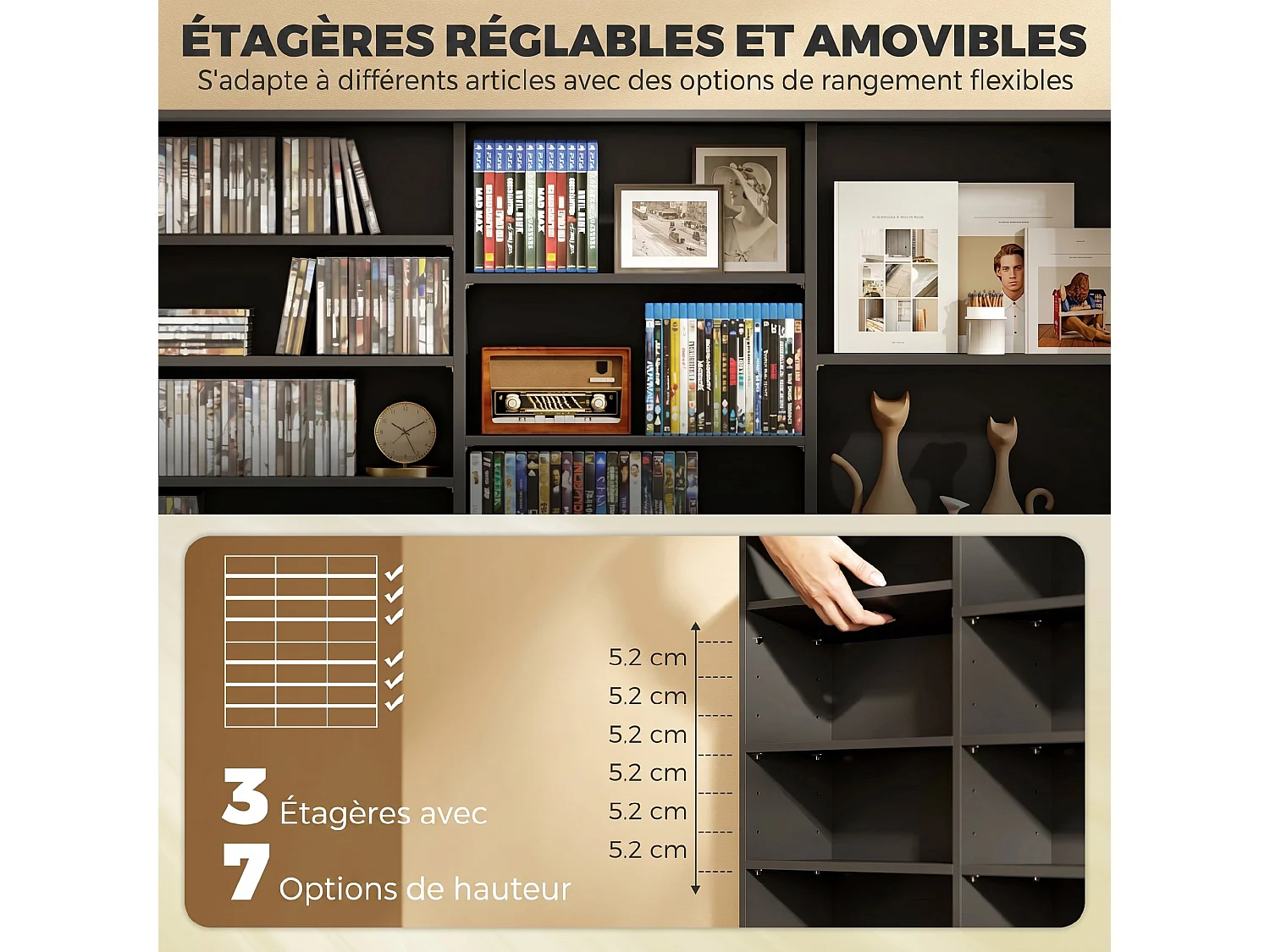 Rangement CD et DVD 24 compartiments 18 étagères réglables noir