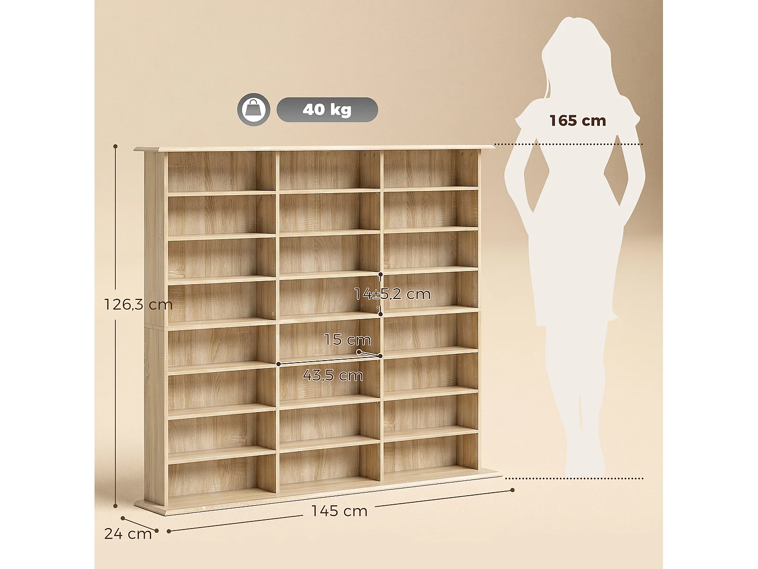 Rangement CD et DVD 24 compartiments 18 étagères réglables effet bois clair