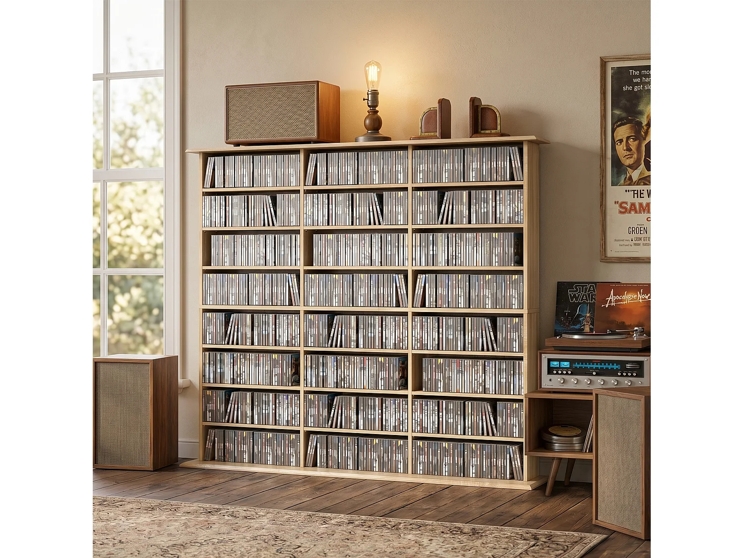 Rangement CD et DVD 24 compartiments 18 étagères réglables effet bois clair