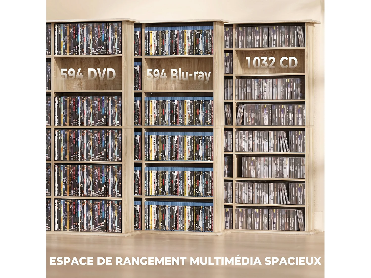 Rangement CD et DVD 24 compartiments 18 étagères réglables effet bois clair