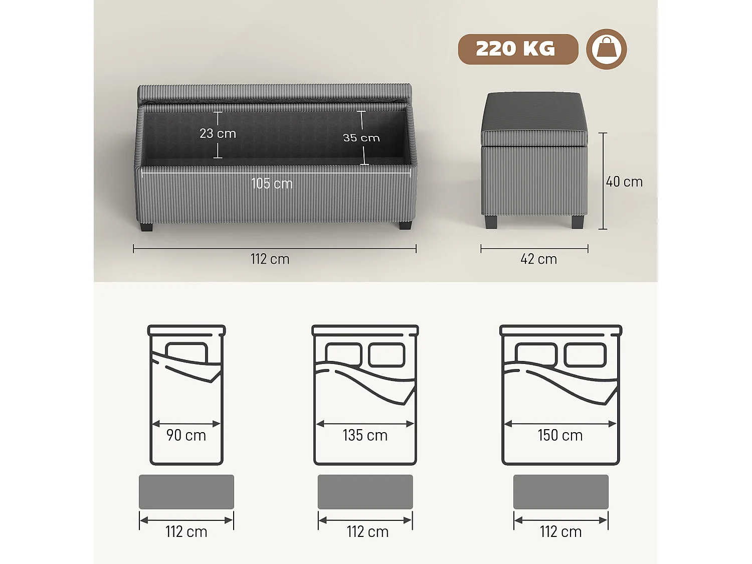 Banquette coffre design velours côtelé - dim. 112 x 42 x 40 cm rangement 84L - gris