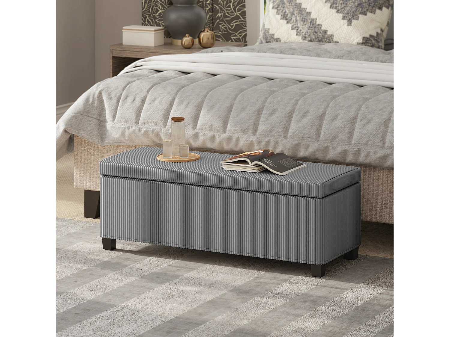 Banquette coffre design velours côtelé - dim. 112 x 42 x 40 cm rangement 84L - gris