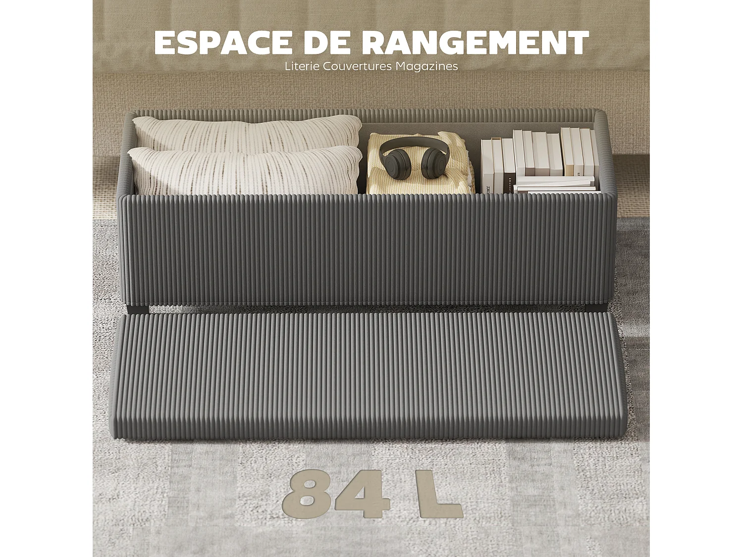 Banquette coffre design velours côtelé - dim. 112 x 42 x 40 cm rangement 84L - gris