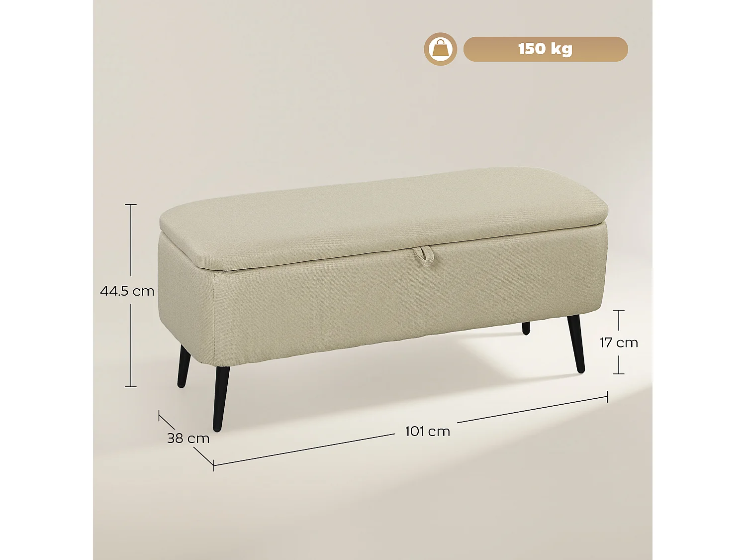 Banc coffre de rangement 2 en 1 dim. 102L x 40l x 39H cm piètement acier noir tissu beige