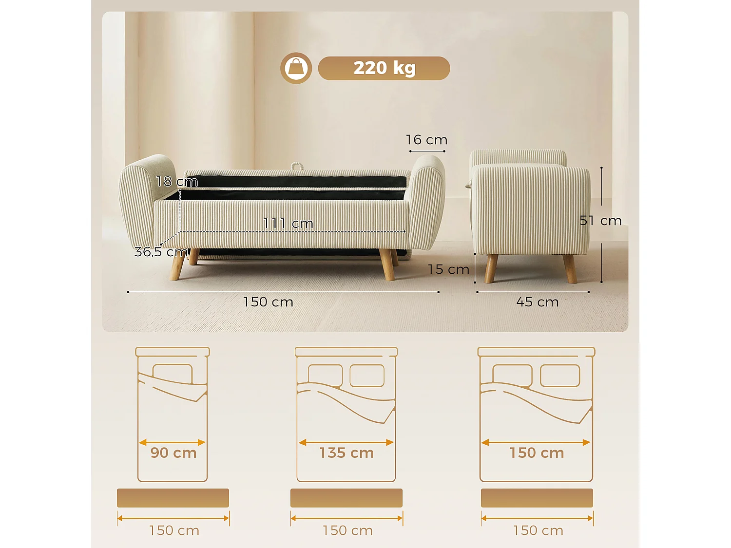 Banquette coffre 2 places bois velours cotelé beige