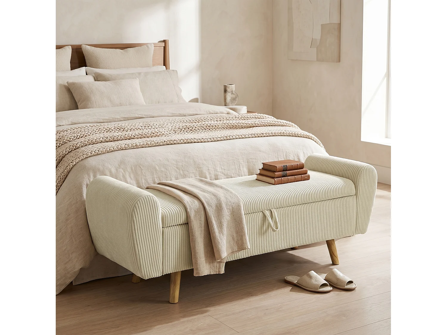 Banquette coffre 2 places bois velours cotelé beige