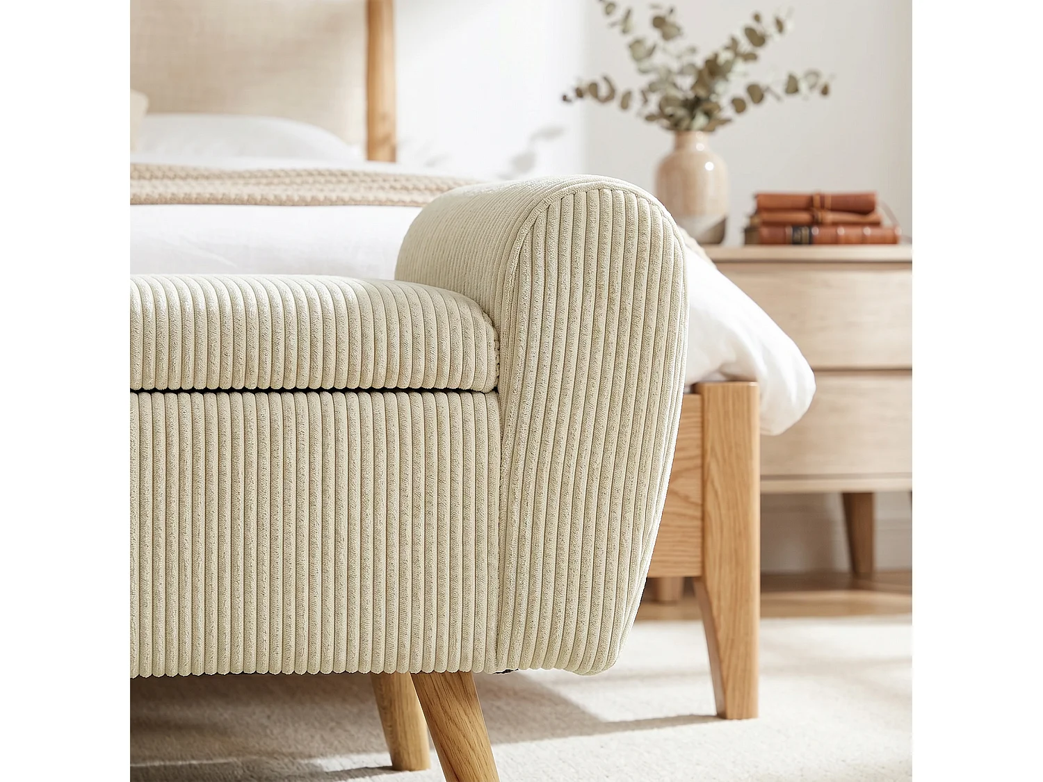 Banquette coffre 2 places bois velours cotelé beige
