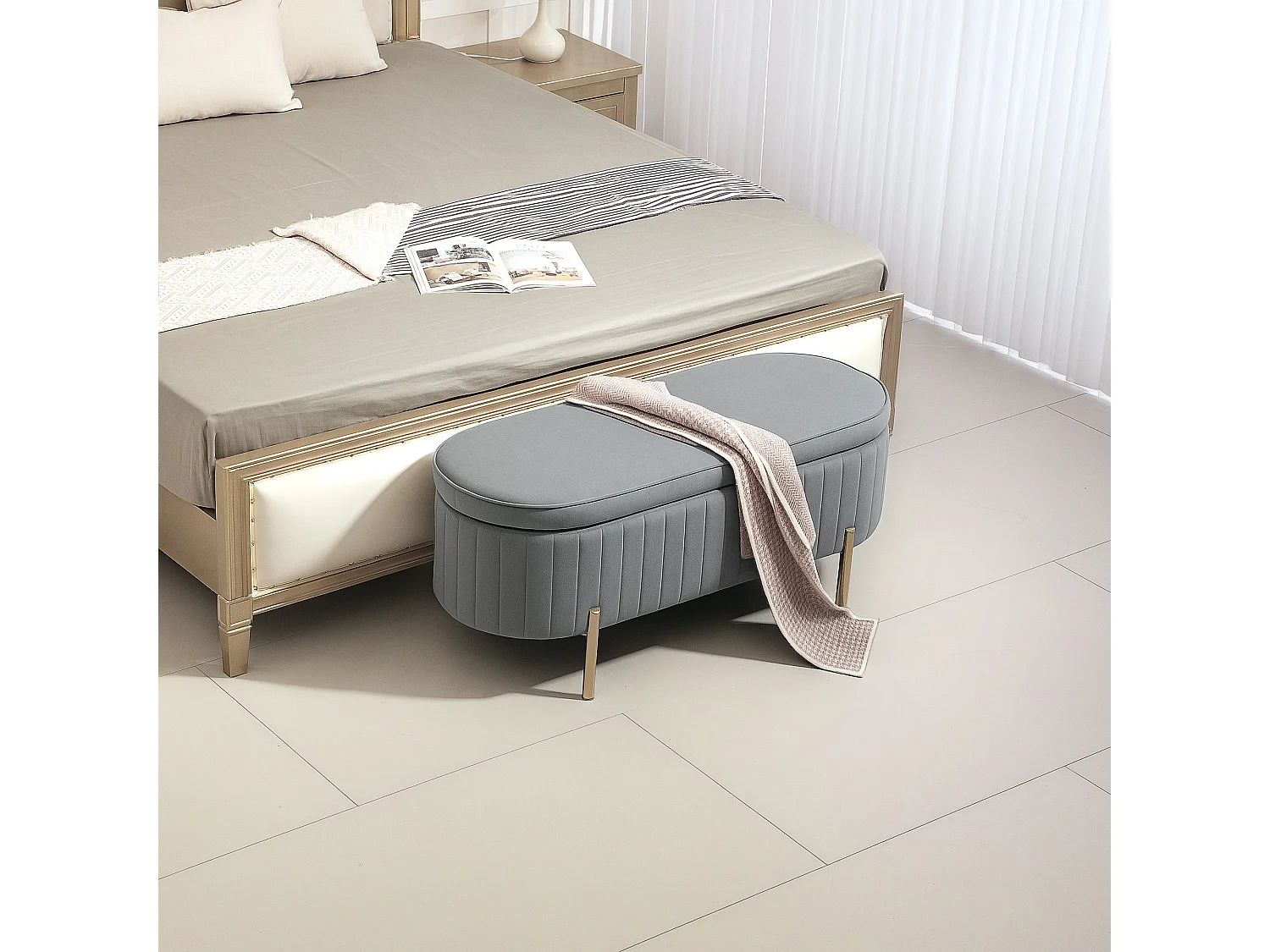 Banquette coffre 2 en 1 design ovale dim. 108x44x43cm velours gris