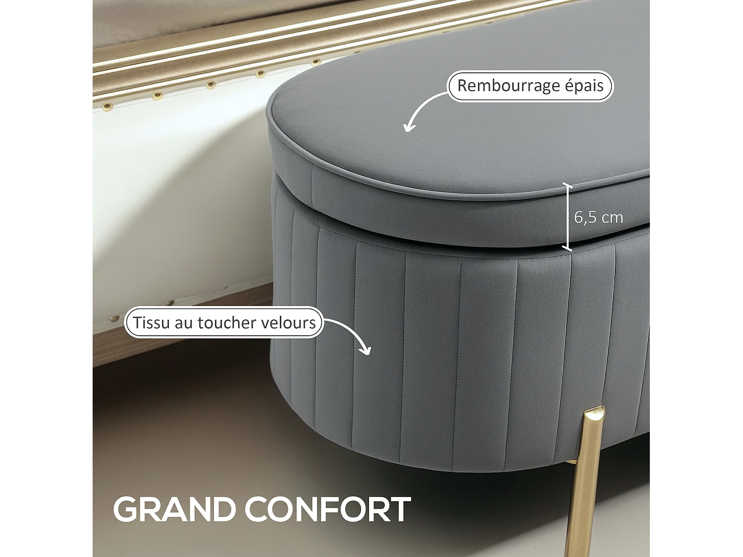 Banquette coffre 2 en 1 design ovale dim. 108x44x43cm velours gris