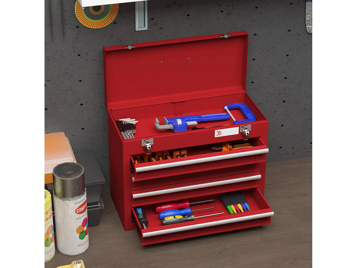 Boite à outils métallique coffret à outils caisse à outils 4 tiroirs + plateau tôle acier rouge