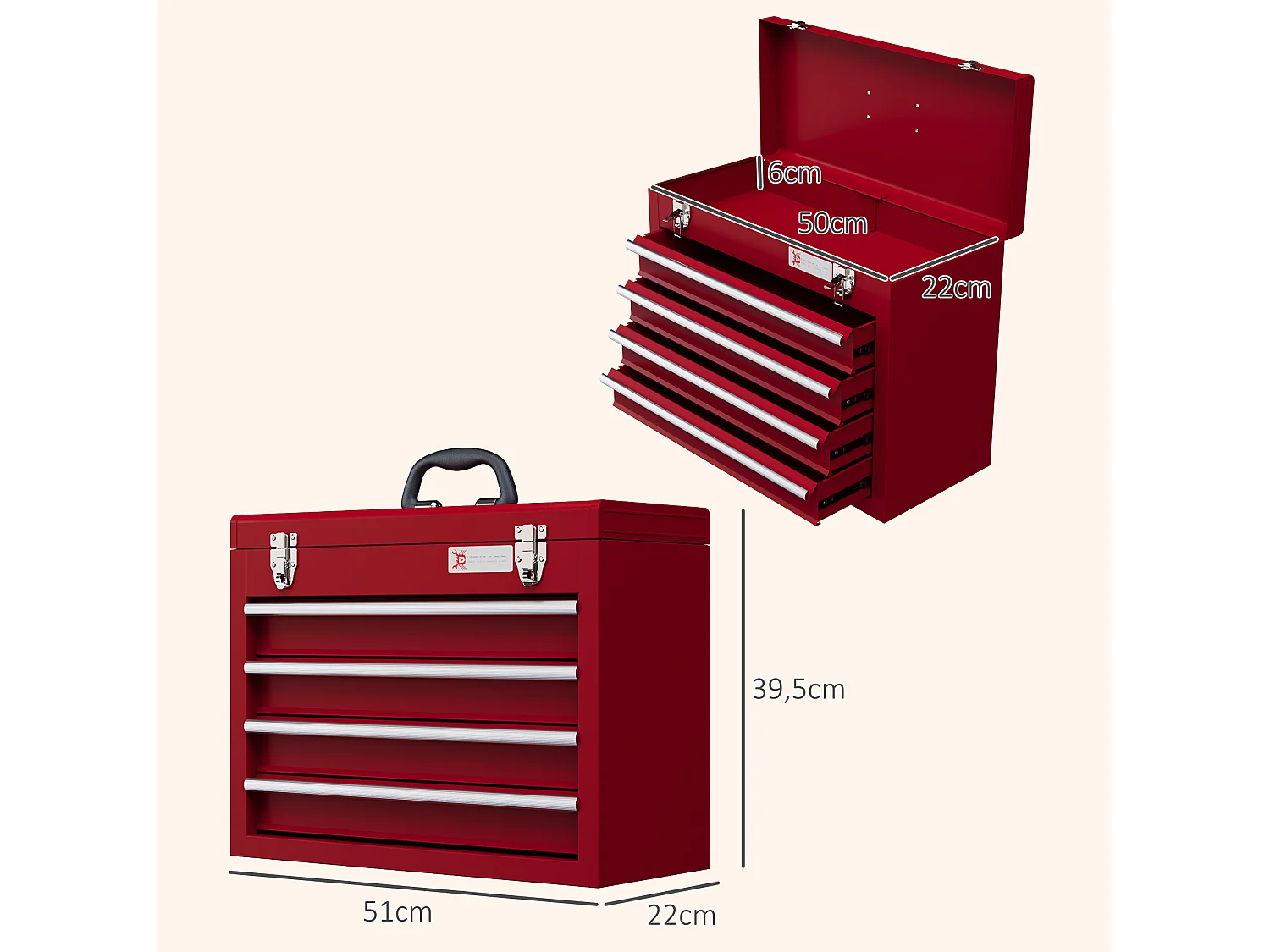 Boite à outils métallique coffret à outils caisse à outils 4 tiroirs + plateau tôle acier rouge