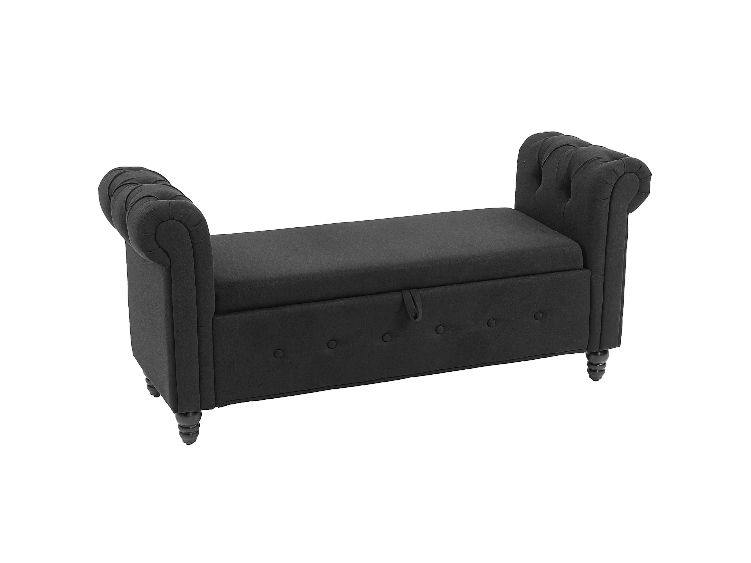 Banquette coffre de rangement 2 en 1 design Chesterfield accoudoirs courbés capitonnés piètement bois noir aspect lin noir