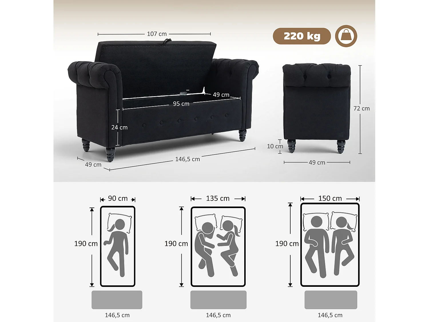 Banquette coffre de rangement 2 en 1 design Chesterfield accoudoirs courbés capitonnés piètement bois noir aspect lin noir