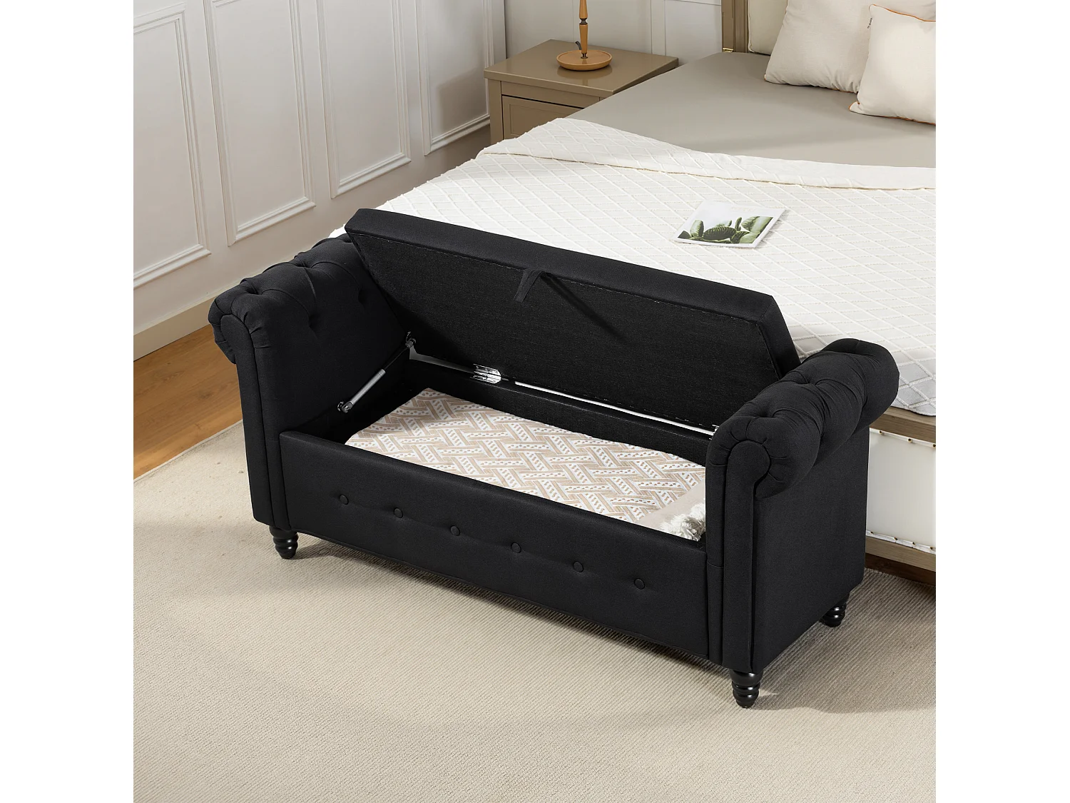 Banquette coffre de rangement 2 en 1 design Chesterfield accoudoirs courbés capitonnés piètement bois noir aspect lin noir
