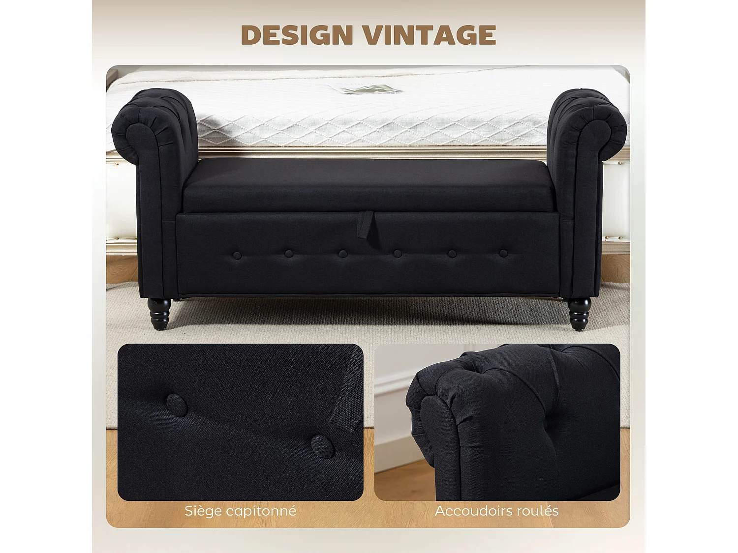 Banquette coffre de rangement 2 en 1 design Chesterfield accoudoirs courbés capitonnés piètement bois noir aspect lin noir