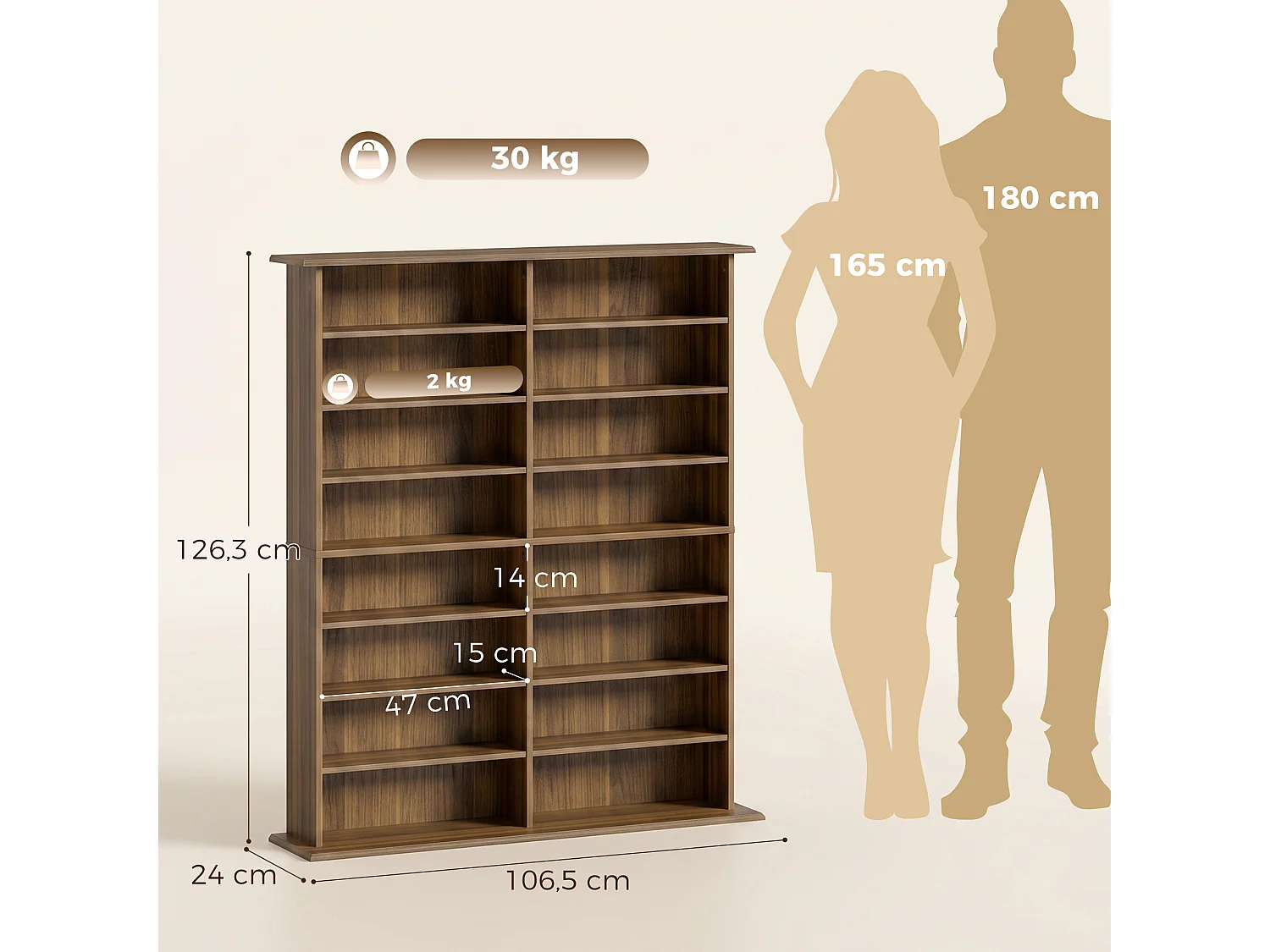 Étagère range CD - meuble rangement CD DVD - 16 compartiments, 12 étagères réglables - max 720 CD/396 DVD - noyer