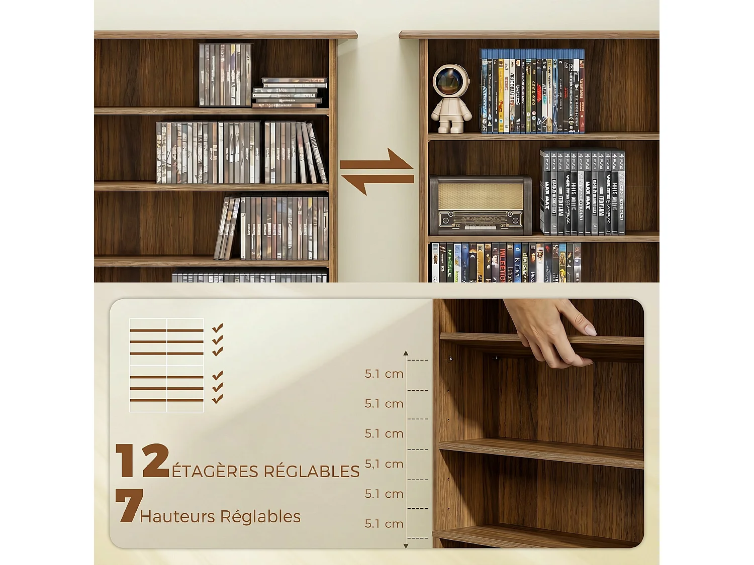 Étagère range CD - meuble rangement CD DVD - 16 compartiments, 12 étagères réglables - max 720 CD/396 DVD - noyer