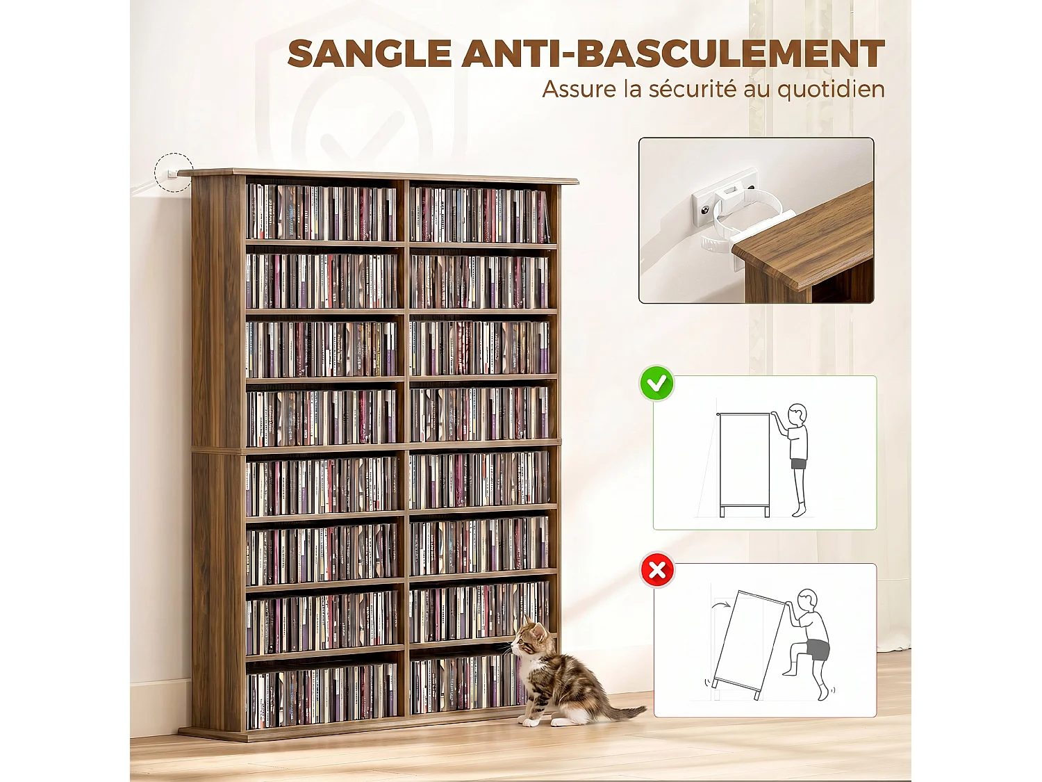 Étagère range CD - meuble rangement CD DVD - 16 compartiments, 12 étagères réglables - max 720 CD/396 DVD - noyer