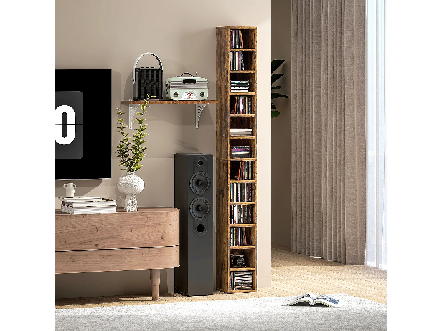 Étagère colonne armoire de rangement CD 12 compartiments 21L x 20l x 175H cm capacité max. 204 CD coloris bois vieilli