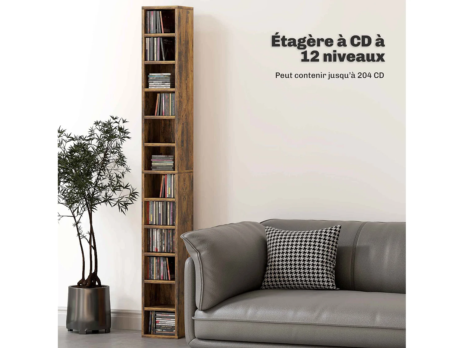 Étagère colonne armoire de rangement CD 12 compartiments 21L x 20l x 175H cm capacité max. 204 CD coloris bois vieilli