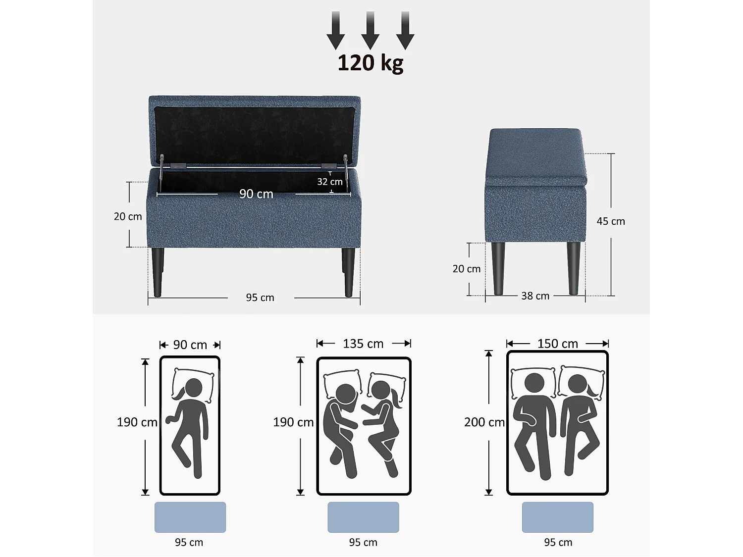 Banc coffre de rangement 2 en 1 piètement bois noir tissu bouclette bleu