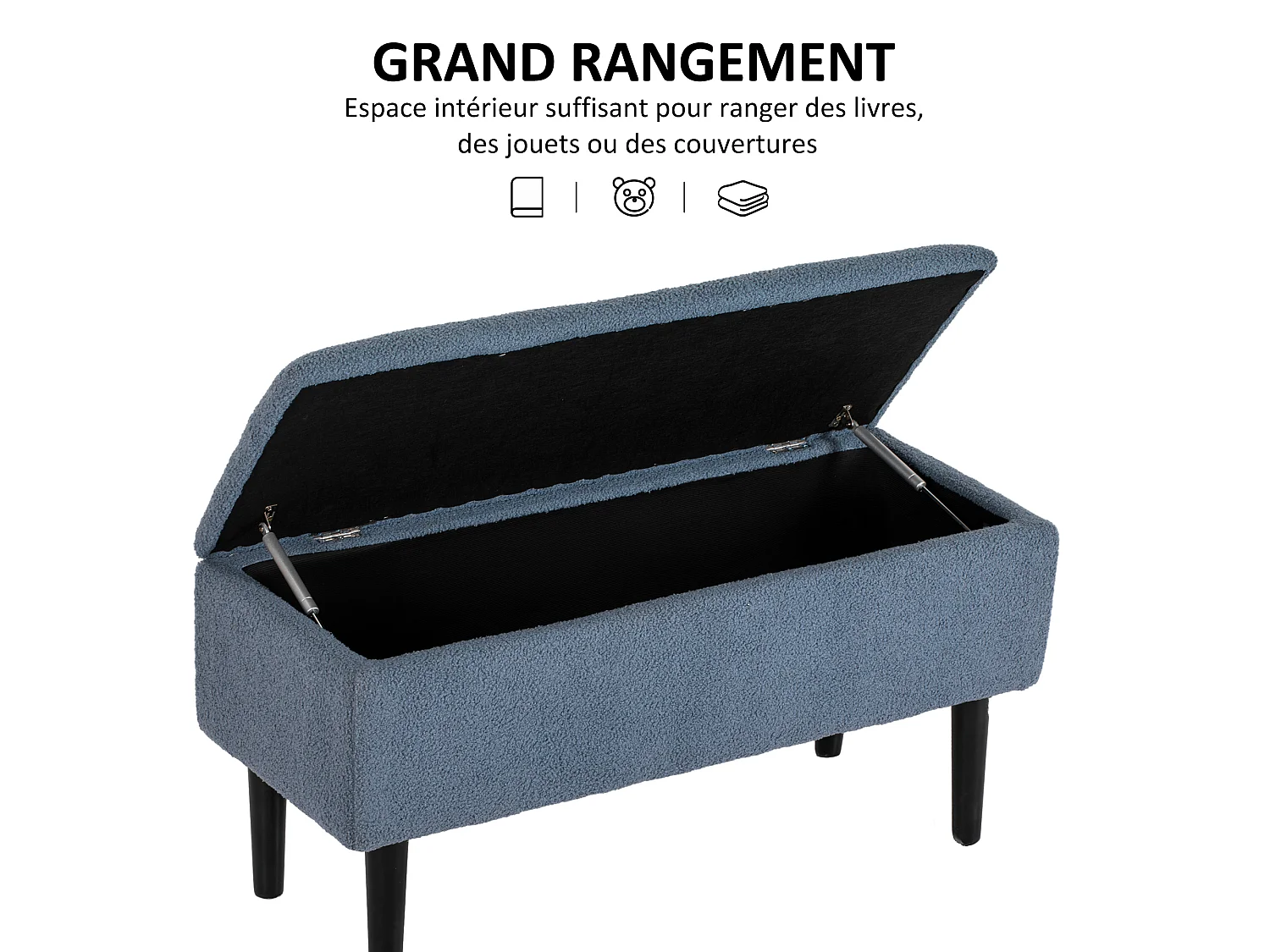 Banc coffre de rangement 2 en 1 piètement bois noir tissu bouclette bleu