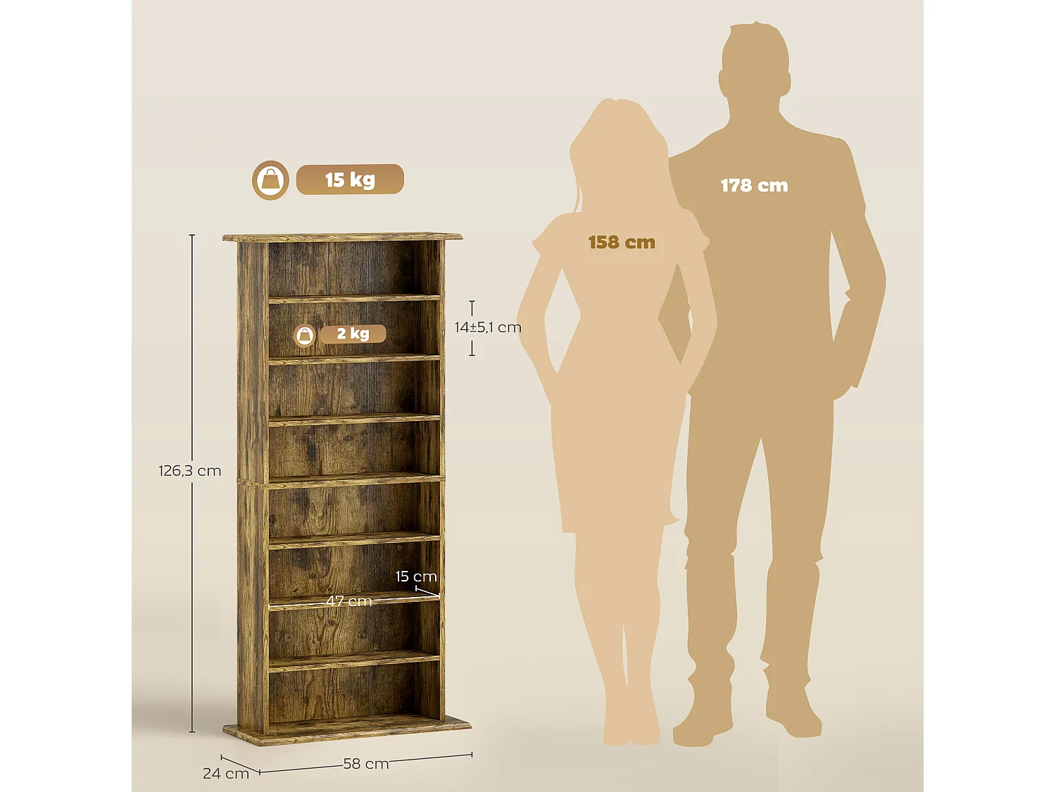 Étagère range CD - meuble rangement CD DVD - 8 compartiments, 6 étagères réglables - max 360 CD/185 DVD - bois