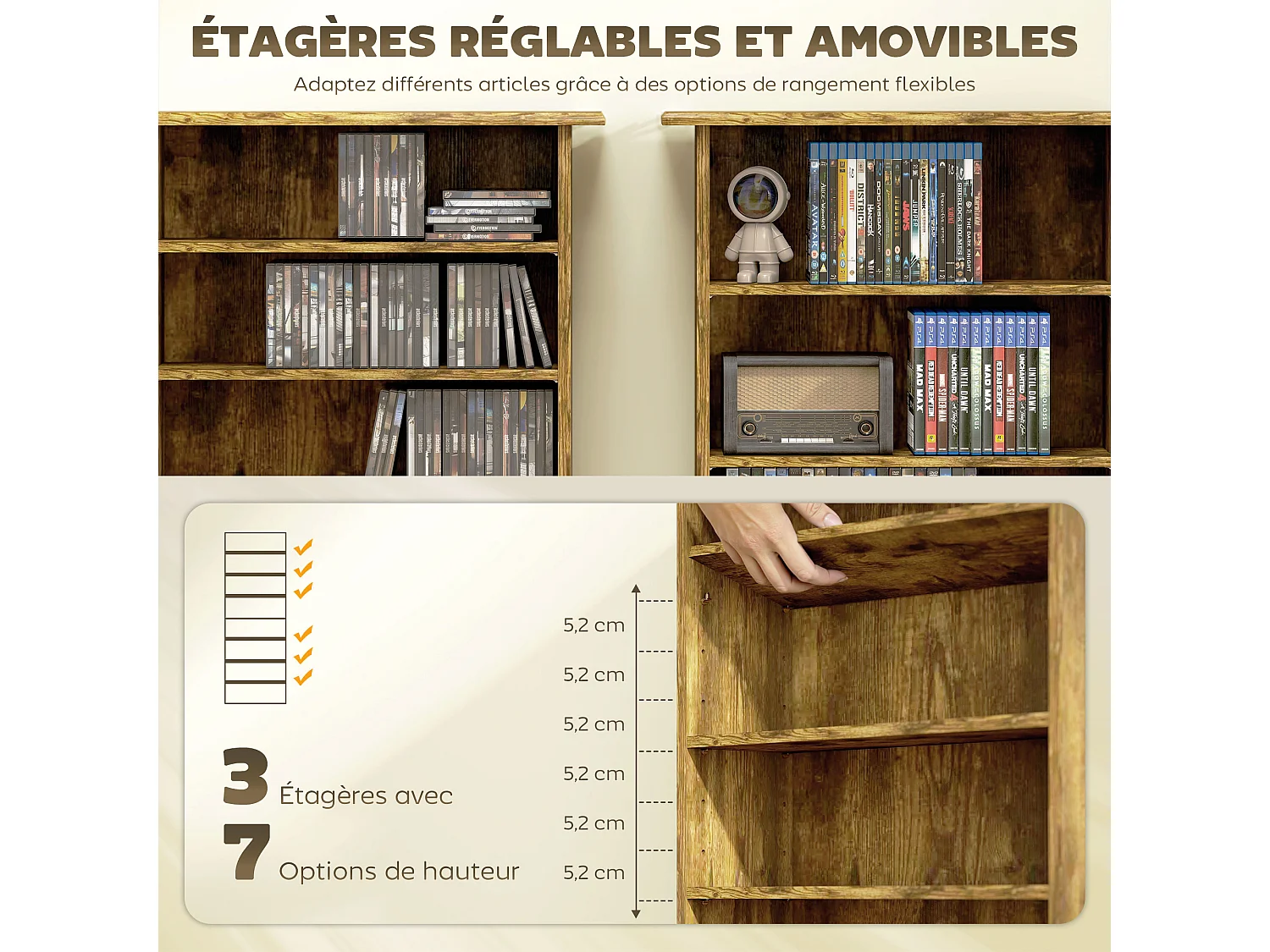 Étagère range CD - meuble rangement CD DVD - 8 compartiments, 6 étagères réglables - max 360 CD/185 DVD - bois