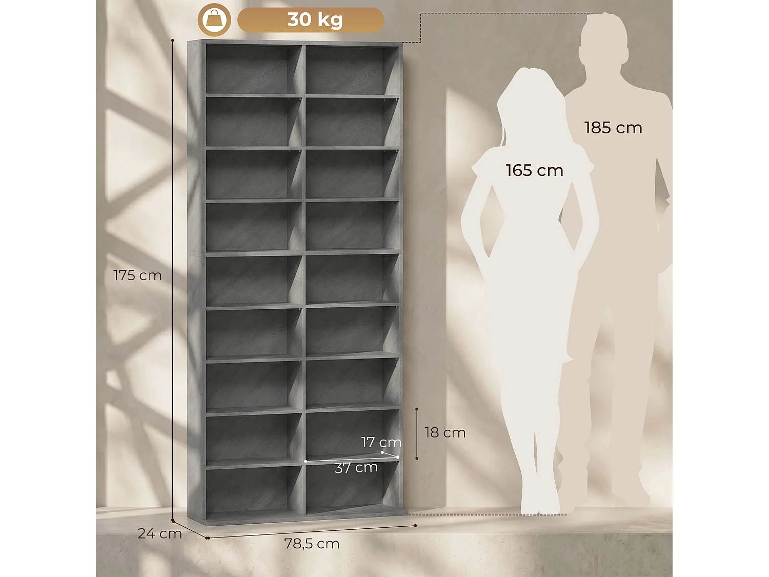 Étagère pour CD et DVD - 18 compartiments, 14 étagères réglables - 78,5x24x175cm - gris
