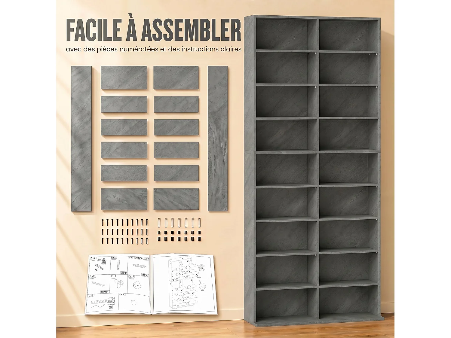 Étagère pour CD et DVD - 18 compartiments, 14 étagères réglables - 78,5x24x175cm - gris